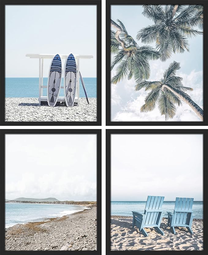 SIGNWIN Framed White Surfboard Tropical Palm Tree Beach Shore Wall Art, Set of 4 Landscape Colorful Wall Decor Prints, Nature Wilderness Wall Décor for Living Room, Bedroom - 12"x16" Black
