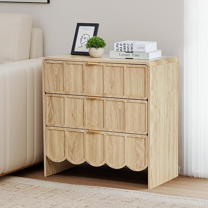 3 Drawer Dresser for Bedroom, Modern Closet Chest of Drawers with Wave Fluted Drawer, Wood Storage Small Dresser Organizer for Nursery Bedroom Living Room Hallway Closet (Natural)