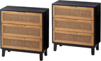 COZAYH Farmhouse 3-Drawer Nightstand, Set of 2 Woven Cane Front Accent Dresser with Brass Pull, Fully-Assembled, Black