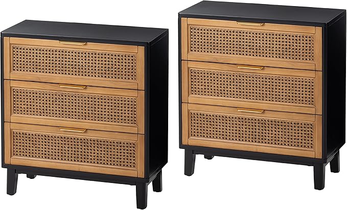 COZAYH Farmhouse 3-Drawer Nightstand, Set of 2 Woven Cane Front Accent Dresser with Brass Pull, Fully-Assembled, Black