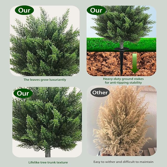 Artificial Topiary Cedar Tree 28 inch Faux Little Bush Cedar Tree UV Resistant Shrub Potted Artificial Plant for Outdoor Indoor Front Porch Garden (2 Pack)