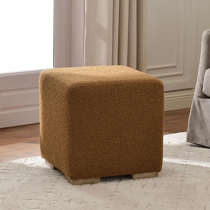 KINWELL 18.5" Wide Modern Square Boucle Upholstered Ottoman with Solid Wood Legs, Cube Ottoman Multi-Functional Sofa Footrest, Extra Seating for Living Room, Bedroom, Fully Assembled (Brown)