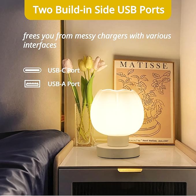 Touch Bedside Lamp, Mini Stepless Dimmable Table Lamps for Bedroom for Night Stands, Small Desk Lamp with Brightness Memory, USB Charging Ports, Warm LED Bulb, White, Flower Shape, 1 Set