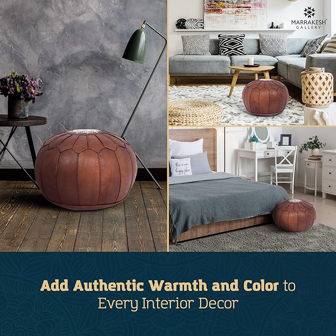 Marrakesh Gallery Genuine Leather Round Pouf Unstuffed - Moroccan Ottoman Footstool, Footrest Cover - Boho Decor - Bohemian Living Room, Bedroom, Kids Room, Gift & Wedding