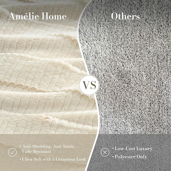 Amélie Home Luxury Striped Faux Fur Throw Blanket for Couch, Embossed Split Fur Cozy Fuzzy Fluffy Luxurious Soft Plush Sofa Chair Bed Gift Blankets for Women Men Wife Friend, 88"x90", Ivory