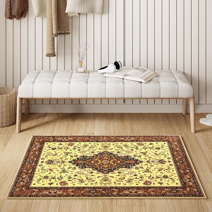 Topllen Entryway Rug - 2'x3' Boho Soft Low Pile Washable Area Rug, Non-Slip Small Rugs Indoor for Front Door Entrance Kitchen Bathroom, Vintage Carpet Stain Resistance (Red, 2x3ft)
