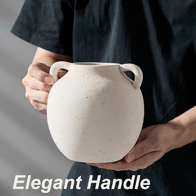Ceramic Vase, 5.8 Inch Terracotta Vase with Handles, Boho Decor Decorative Vase, Rustic Vase for Home Decor, Farmhouse, Living Room, Table - Beige
