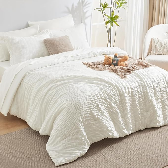 CozyLux King Size Comforter Set Ivory Seersucker 7 Pieces Bed in a Bag King Comforter Set with Sheets, Luxury Soft Bedding Set with Down Alternative Comforter, Sheets, Pillowcases & Shams All Seasons
