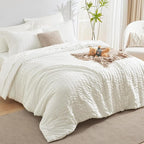 CozyLux Full Size Comforter Sets with Sheets Seersucker 7 Pieces Ivory Bed in a Bag Textured Luxury Soft Bedding Set with Down Alternative Comforter, Sheets, Pillowcases & Shams for All Seasons