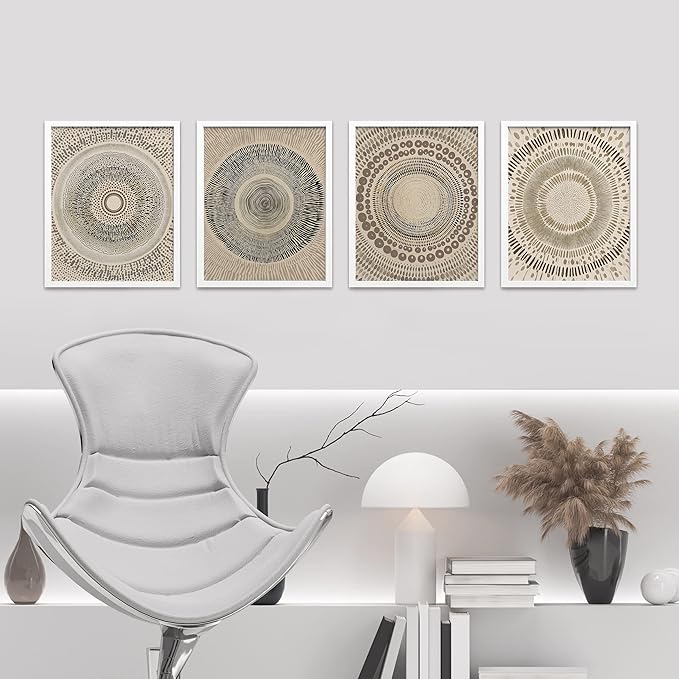 SIGNWIN Framed Art Beige Abstract Geometric Circle Stroke Minimalist Folk Boho Mid-Century Inspired Digital Print Decorative Zen Bedroom Relax Multicolor - 12"x16"x4 White