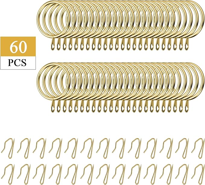 Hotop 30 Pcs Metal Drapery Curtain Rings 0.98/1.26/1.65 inch Interior Diameter and 30 Pcs Hanging Curtain Drapery Pin Hooks for Window Door Shower(32 mm,Gold)