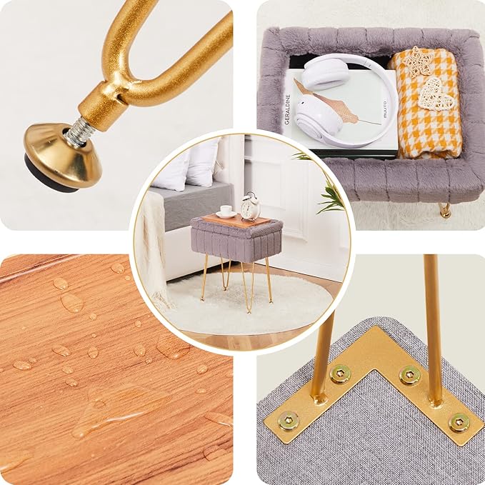 Wimarsbon Faux Mink Fur Storage Ottoman, Modern Soft Footstool, Storage Bench with Metal Legs, Vanity Seat, Fur Stool, Ottoman Coffee Table, Makeup Chair, Vanity Stools for Bedroom (Grey)