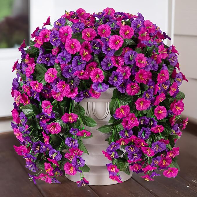 HyeFlora Artificial Fake Hanging Flowers Plants for Outdoor Outside, 2PCS Faux Silk Morning Glory Trailing Vines UV Resistant Look Real for Home Planter Porch Patio (Dark Purple and Fuchsia)