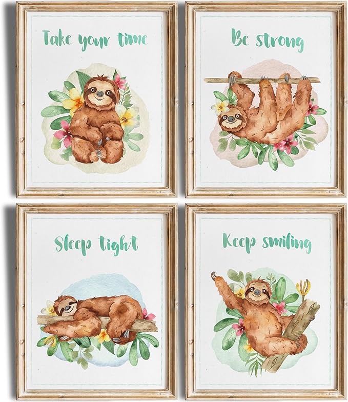 Sloth Art Prints (Set of 4) - Unframed - 11x14 | Perfect for Adding a Touch of Whimsy to Your Living Room, Bedroom, or Nursery | Ideal Wall Decor for Animal Lovers and Fans of Cute, Laid-back Decor