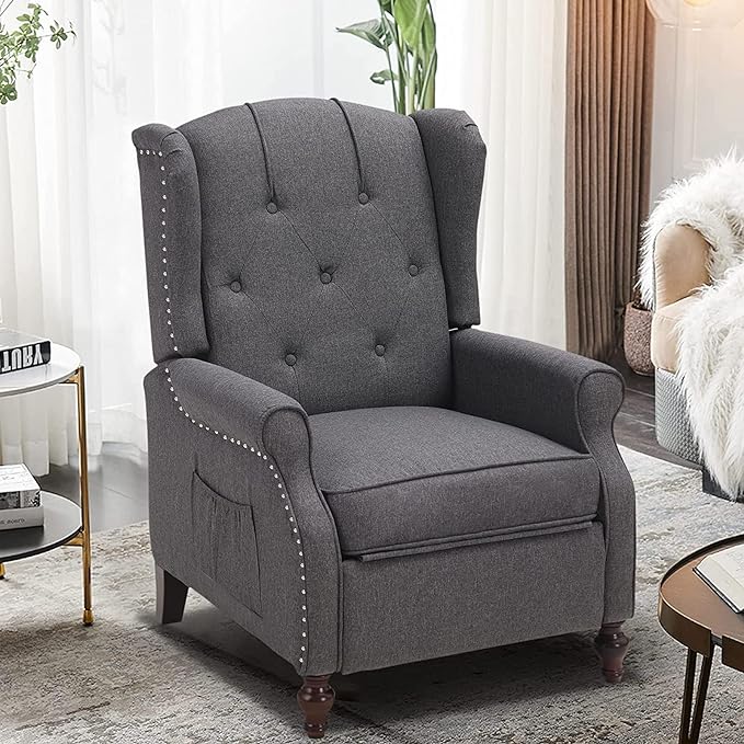 Wingback Recliner Chair with Massage and Heat, Wingback Recliner Tufted Fabric Push Back Recliner Chair for Living Room, Vintage Wingback Chair with Remote Control, Padded Cushion, Wooden Legs