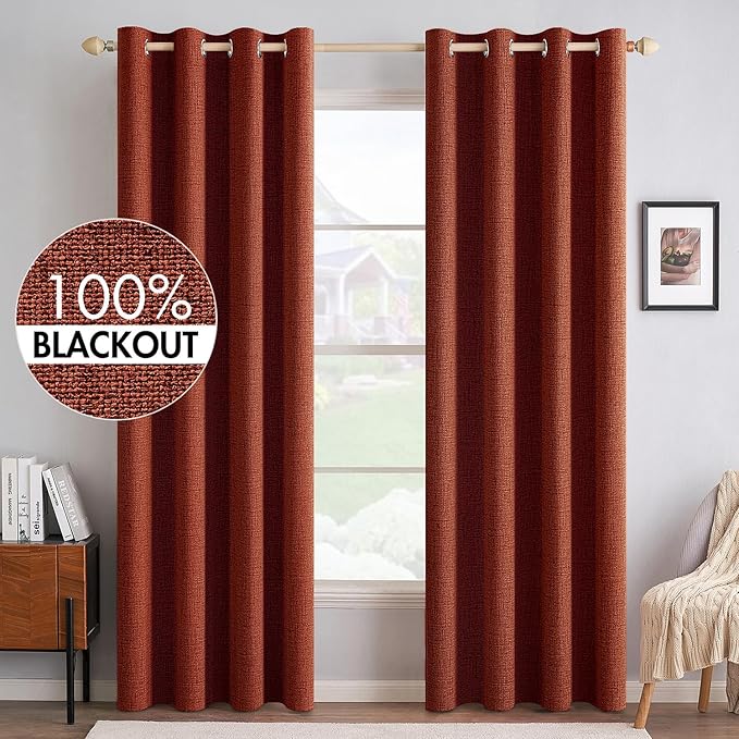 MIULEE Linen Curtains for Bedroom 100% Blackout Thermal Insulated Burnt Orange Grommet Room Darkening Curtains & Drapes Rust Terracotta Fall Decor for Living Room Nursery 52 x 90 Inch (2 Panels)