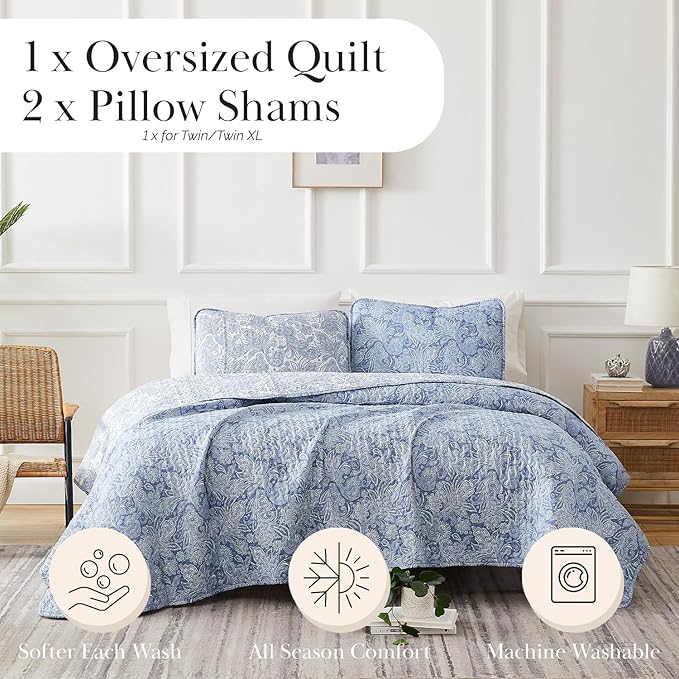 Southshore Fine Living, Inc. Paisley Quilt Queen Size Bedding Set, Full Size Quilted Coverlet, Boho Bedspread 3-Piece Set with Two Matching Pillow Shams, Full/Queen, Reversible Blue