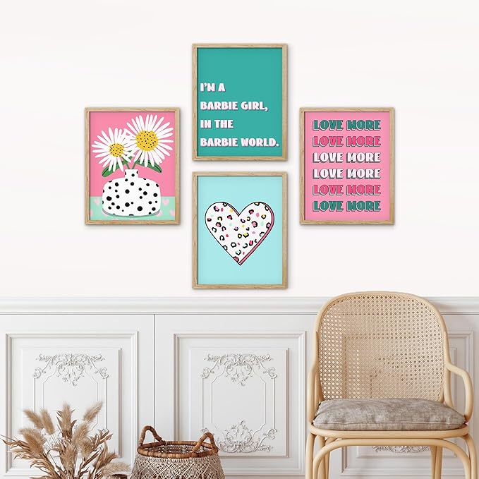 SIGNWIN Framed I'm a Barbie Girl in The Barbie World Wall Art, Set of 4 Heart, Chrysanthemum Illustration Wall Decor Prints, Preppy Room Decor Wall Décor for Living Room, Bedroom - 8"x10" Natural