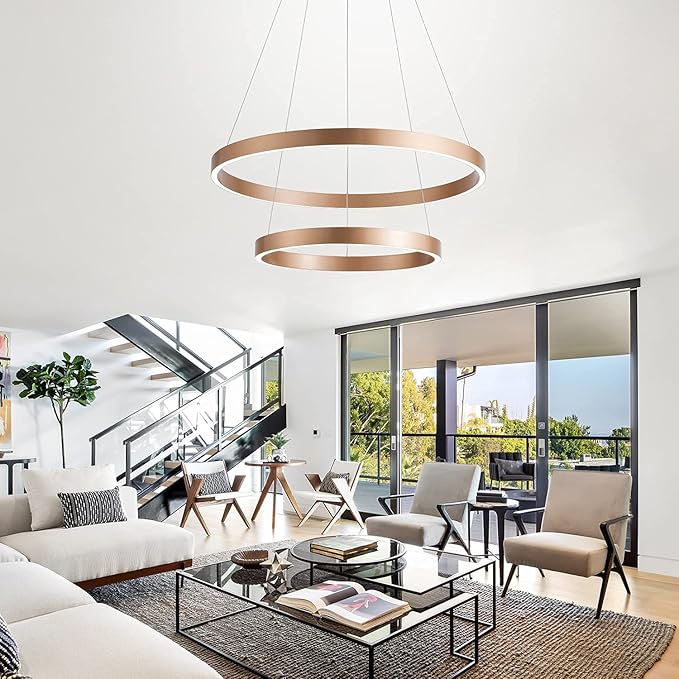 MADEM Modern LED Chandelier 2-Ring Circular Dimmable Pendant Light Contempoary Chanderlier Flush Mount Pendant Lighting for Living Room Dining Room, Bedroom,3000K-6000K, Gold, 60W