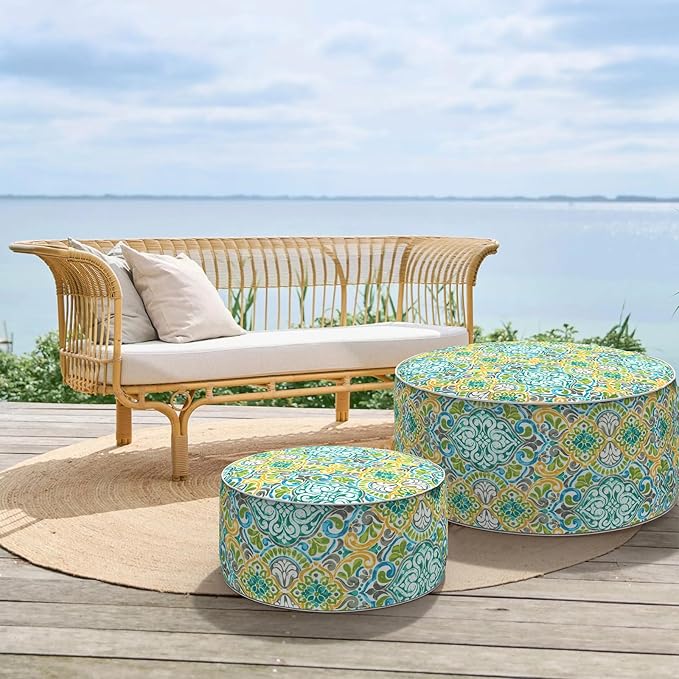 Inflatable Ottoman Stool D31 xH14 for Outdoor/Indoor Use, Water Repellent Patio Foot Rest Stool with Portable Handle,Round Pouf Ottoman Suitable for Garden,Deck and Camping - Damask Green