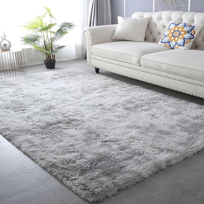 Grey Shag Area Rug 9x12 - Large Soft Plush Grey Rugs for Bedroom Living Room - Non Slip Modern Shaggy Fuzzy Floor Carpet,Tie-Dyed Light Gray,