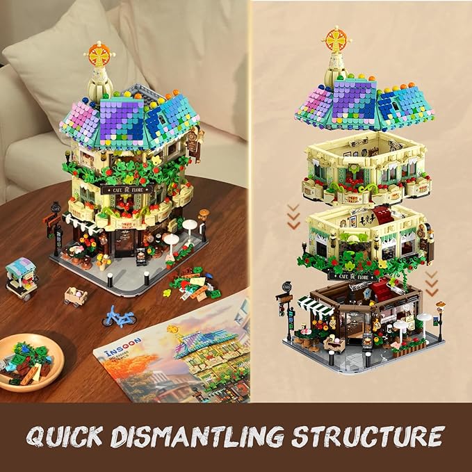 Flower Cafe House Building Set with Lights, 1876 PCS City Street Corner Shop Construction Model, Art Architecture Modular Building Block Kit Home Decor, Gift for Adults Teens Boys Girls 12+