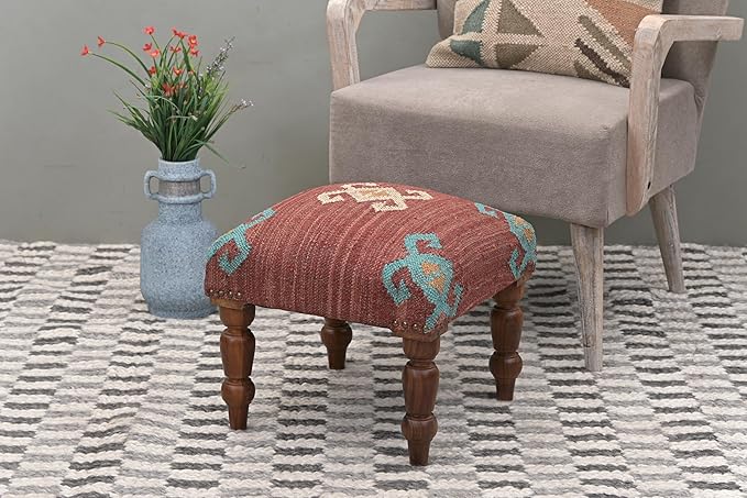 Handmade Jute Soft Ottomans Square Shape Stool for Sitting and Foot Rest with Wooden Legs, Entryway Modern Stool for Living Room, Bedroom, Hall (Red, L 15.74 x W 15.74 x H 14 inch)