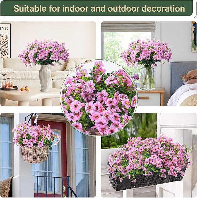 24 Bundles Artificial Flowers for Outdoors & Indoors – UV Resistant Faux Plastic Plants for Garden, Patio, Porch, Window Box, Home Decor – Lush & Vibrant Fake Flowers, Pink