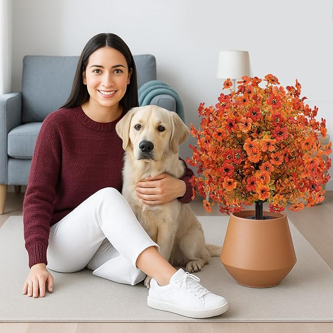 Artificial Topiary Ball Trees with Ground Spikes UV Resistant Faux Greenery Shrubs Fake Shrubs for Outdoors, Realistic Faux Plants Bushes for Garden Porch Yard Patio Decor (Orange Small Flower)