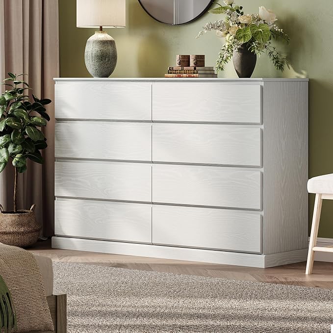LINSY HOME 8 Drawer Dresser for Bedroom, 53" Wide Chest of Deep Drawers, Modern Farmhouse Wood Dressers with Storage, Large Drawer Organizer for Bedroom, Living Room, Handless Design, White
