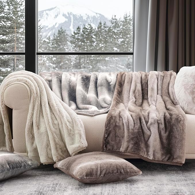 Ultra Soft Luxury Fluffy Mink Faux Fur Throw Blanket, Thick Warm Fall Winter Blankets for Bed, Couch, Cozy Plush Reversible Blanket for Chair, Sofa (Ombré Silver Onyx, 50"x60")