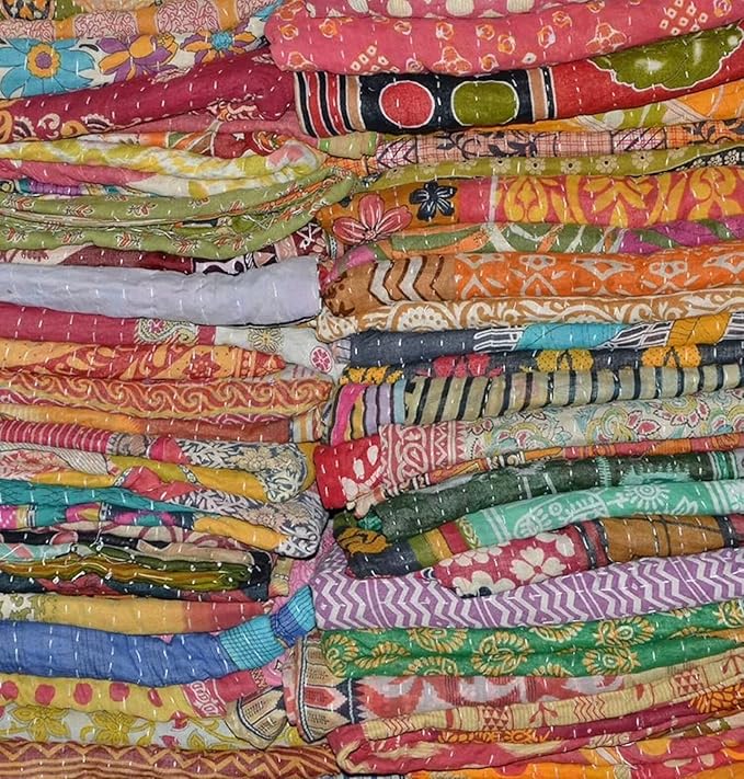 Wholesale Lot of Indian Vintage Kantha Quilt Handmade Throw Reversible Multicolor Cotton Fabric Bohemian Kantha Blanket 85X55 Inch 2 Pcs Lot
