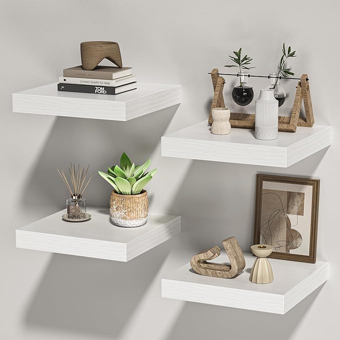 Square Floating Shelves for Wall, 10" W x 10" D x 1.2" H, Small Wooden Wall Mounted Display Shelves with Invisible Brackets for Living Room, Bedroom, Bathroom, Kitchen Decor, Set of 4, White
