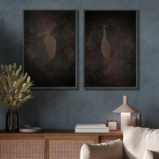 SIGNFORD Framed Canvas Print Wall Art Set Abstract Crane Silhouettes Vintage Dark Tones Illustration Modern Art Decorative Nordic Nature for Living Room, Bedroom, Office - 24"x36"x2 Black
