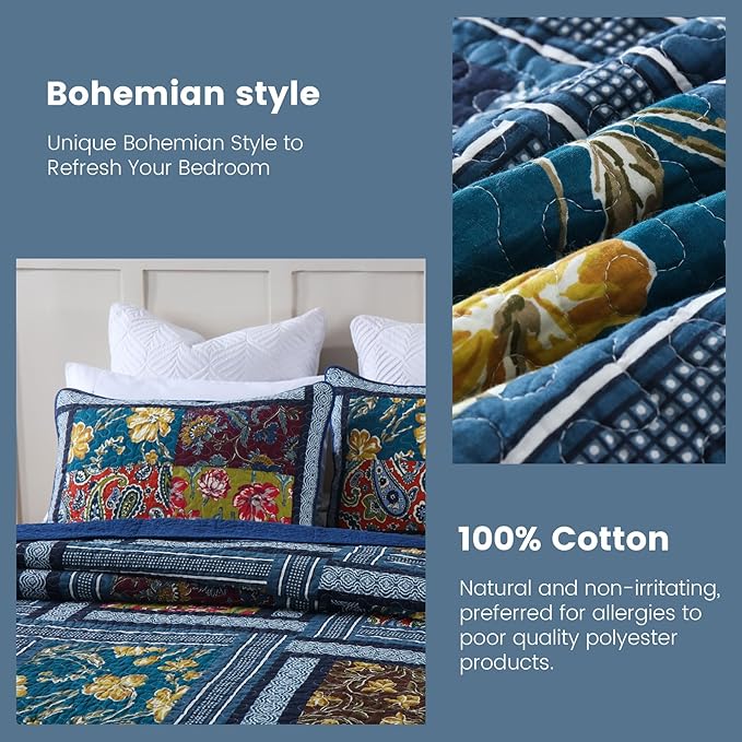 Secgo Queen Comforter Set for Bed - 100% Cotton Quilts Queen Size, Burgundy Bedspreads (90 * 98 Inch) with 2 Pillow Shams, Patchwork Reversible Lightweight Bedding