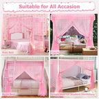 Twin Size Bed Canopy with Lights, Bed Canopy for Girls Princess with Luminous Stars, Canopy Bed Curtains for Twin Bed Kids Indoor Decor Bedroom, 4 Corner Post Bunk Bed for Student Dormitory, Pink