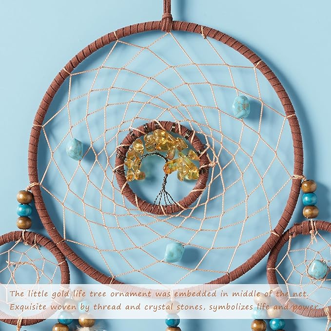 Pretty Jolly Brown Feather Dream Catchers Wall Decor with Chakras Tree of Life Crystal Stone Ornament Handmade Dreamcatchers for Adult Boys Girls Bedroom Dorm Party Birthday Blessing Gift-5Rings