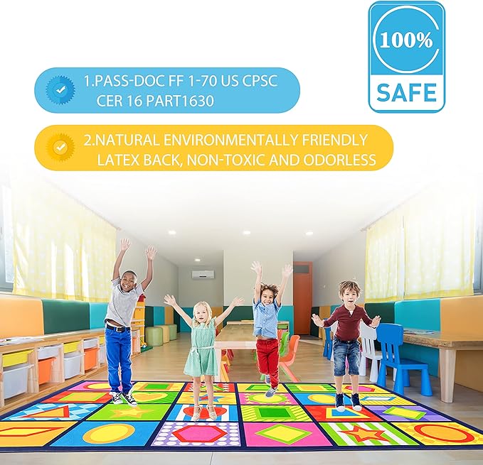 Booooom Jackson Seating Classroom Rug for Kids Room Seating Décor, 7'54''x13'12'' Vibrant Geometric Patterns Large Preschool Carpet Seating Rug for Teaching and Playroom, Non-Slip Rubber Backing