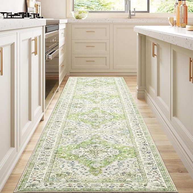 Topllen Runner Rug - 2'x10' Boho Washable Kitchen Rug, Non-Slip Soft Low Pile Rugs Indoor for Hallway Hall Living Room Bedroom Sunroom, Vintage Throw Stair Carpet Stain Resistance (Green, 2x10ft)