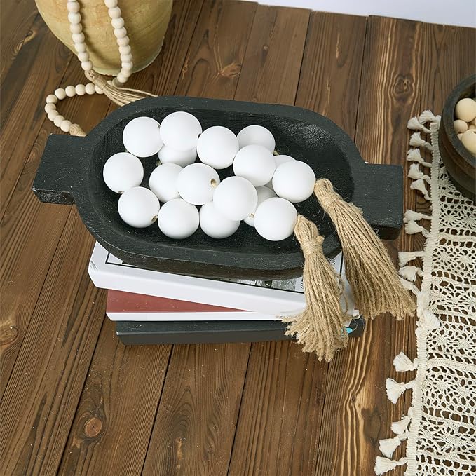 OMISHE Extra Large Wood Bead Garland White with 1.6" Diameter Wooden Beads and Tassels, 41" Long Rustic Farmhouse Country Decorative Beads for Home Tiered Tray Decor, White