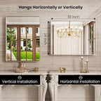 Brushed Nickel Bathroom Mirror 24x32 Inch, Brushed Silver Metal Frame Mirror Wall Mounted, Rounded Rectangle Bathroom Vanity Mirror, Tempered Glass, Anti-Rust, Horizontal/Vertical