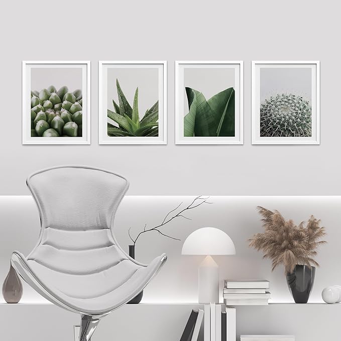 SIGNWIN Framed Tropical Island Wall Art, Set of 4 Green Desert Plant Cactus Snake Plant Wall Decor Prints, Nature Wilderness Wall Décor for Living Room, Bedroom - 11"x14"White