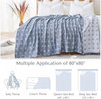jinchan Boho 100% Cotton Blanket Muslin Lightweight Twin Size Quilted Throw Blanket for Couch Soft Cozy All Season Blanket 3-Layer Floral Throw Cotton Blanket for Bedroom Decor Blue 60x80 Inches