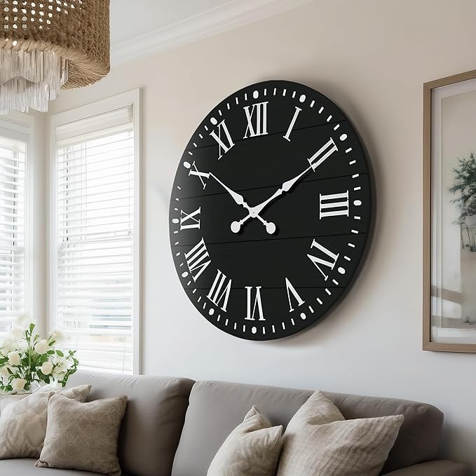 35" Large Wall Clock, Shiplap Wall Clock with Roman Numeral Nearly Non-Ticking Farmhouse Round Wall Clocks for Living Room Decor, Office, Bedroom, Entrance, Black