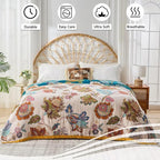 Boho Throw Blanket for Bed Couch 100% Cotton Woven Bed Throws for Summer, Lightweight and Soft Cozy Farmhouse Reversible Muslin Decorative Blanket for Travel Picnic, Teal/Cream, 80"x90"