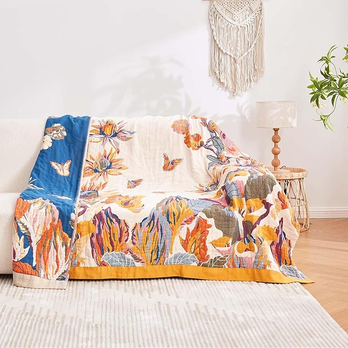 Boho Throw Blanket, 100% Cotton Ultra Soft Luxury Throw Rustic Quilt, 50"x60" Floral Bird Butterfly Farmhouse Decor Bed Blankets, All Season Rustic Reversible Bohemian Throw for Bed - Yellow