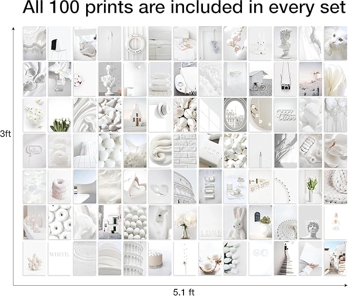 Y2K BOO Elegant White Wall Collage Kit - 100 Aesthetic Posters for Room Decor, Perfect Dorm and Bedroom Wall Art, Minimalist White Collage Kit for Teen Girls