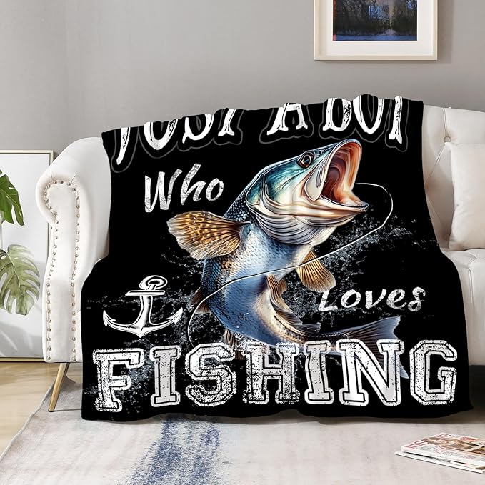 Aimego Fishing Fish Blanket Gifts for Fisherman - Just A Boy Who Loves Fishing Throw for Dad Men Women Adults Soft Fleece Cozy Bed Couch Decor Birthday Christmas Lightweight Blanket 50"x60"