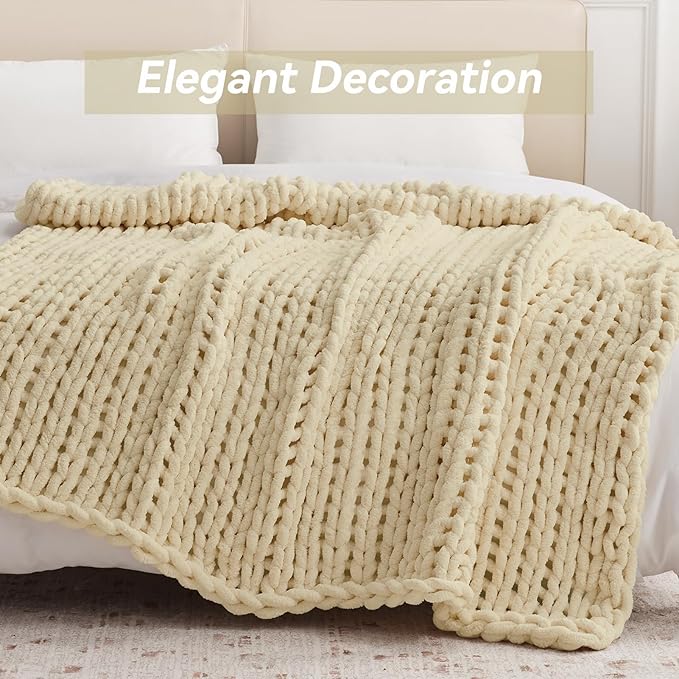 Chunky Knit Throw Blanket, 60''*80'' Knitted Throw Chenille Yarn for Bed Couch, Handmade Oatmeal Crochet Big Thick Blanket, Machine Washable Cute Comfy Blanket for Home Decor