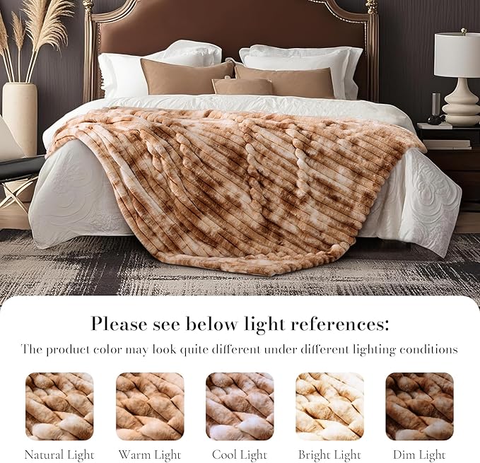Amélie Home Faux Fur Throw Blanket for Couch, Cozy Fuzzy Fluffy Fur Luxurious Soft Striped Plush Gift Blankets for Family Sofa Chair Bed Living Room Bedroom, 55"x70", Tie-dye Khaki